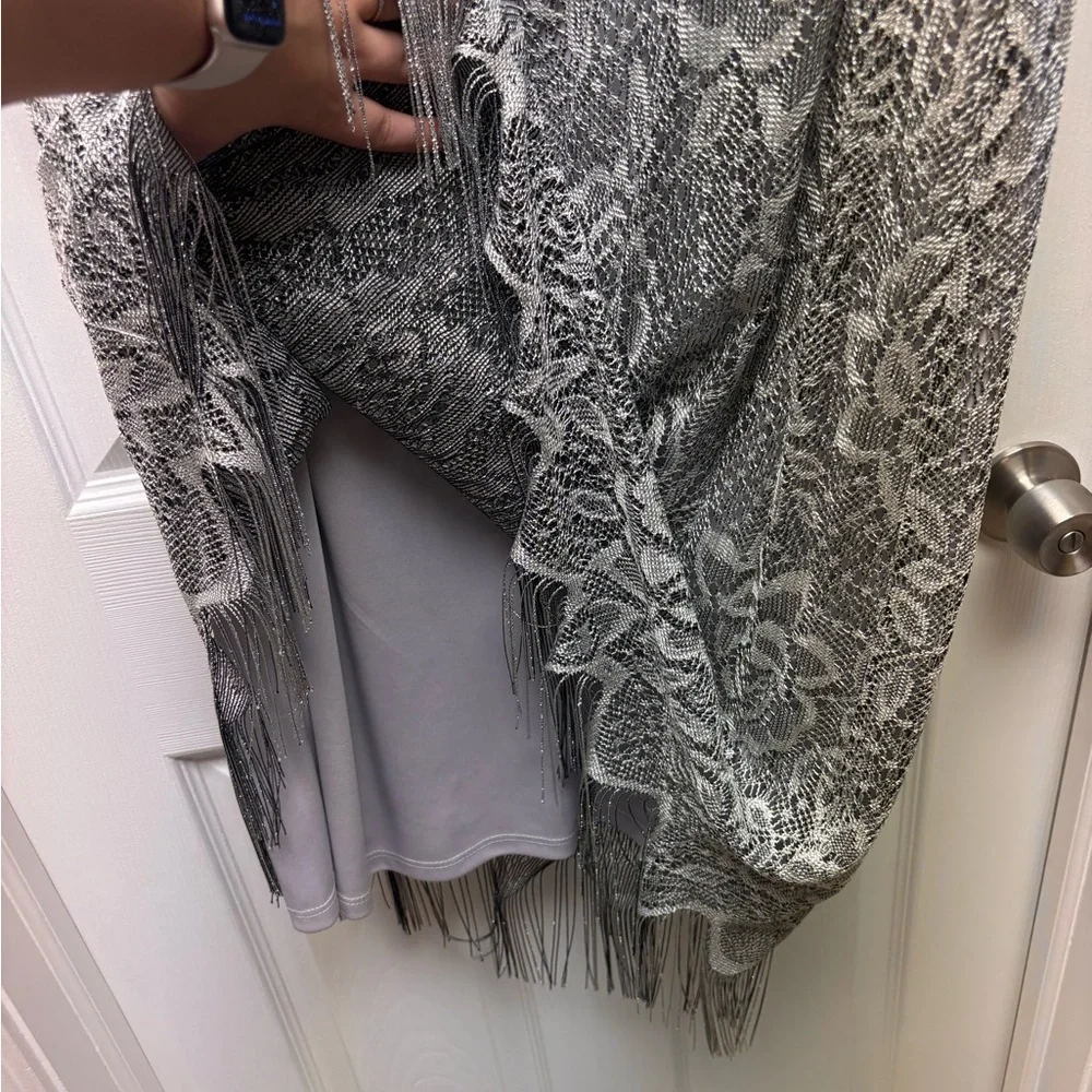 SLNY 2-Piece Metallic Lace Fringe Dress & Jacket Set – Silver (Size 18) - Picture 7 of 11